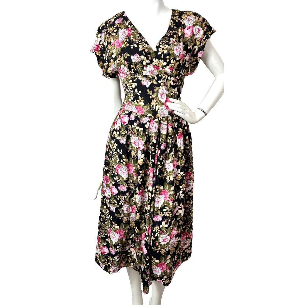 80s REO Cottagecore Black Floral Dress XS Princess Waist Button Back Midi Pocket
